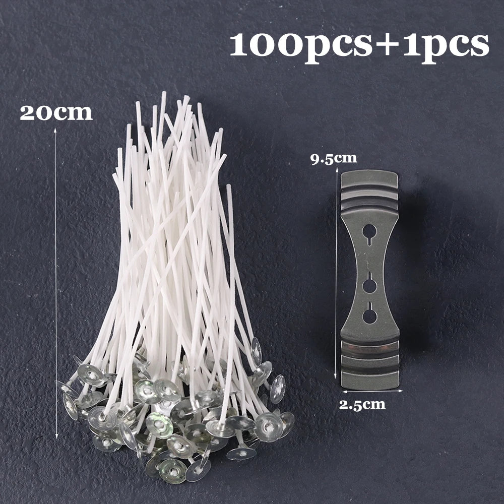 A bundle of white pre-waxed cotton candle wicks with metal sustainers shown next to a single stick.