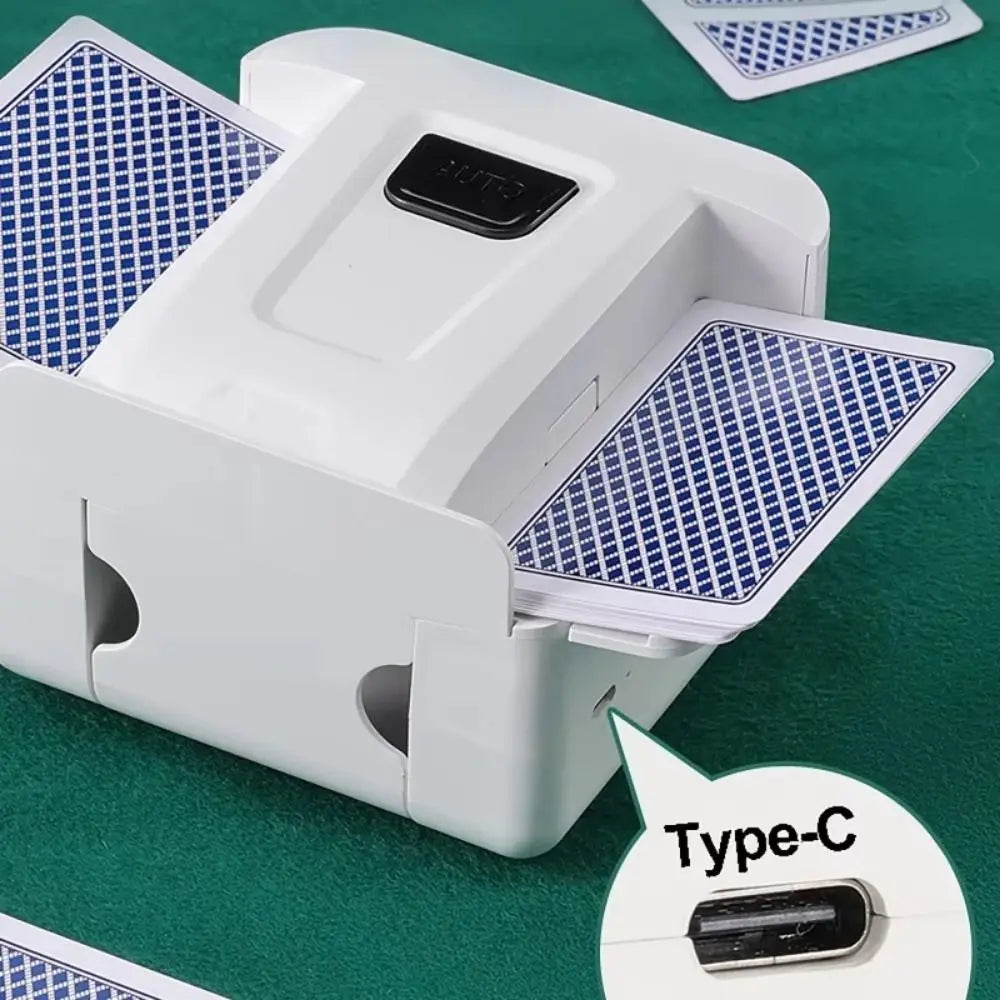 A white portable automatic card shuffler with a Type-C rechargeable battery is shown open, displaying blue patterned cards.