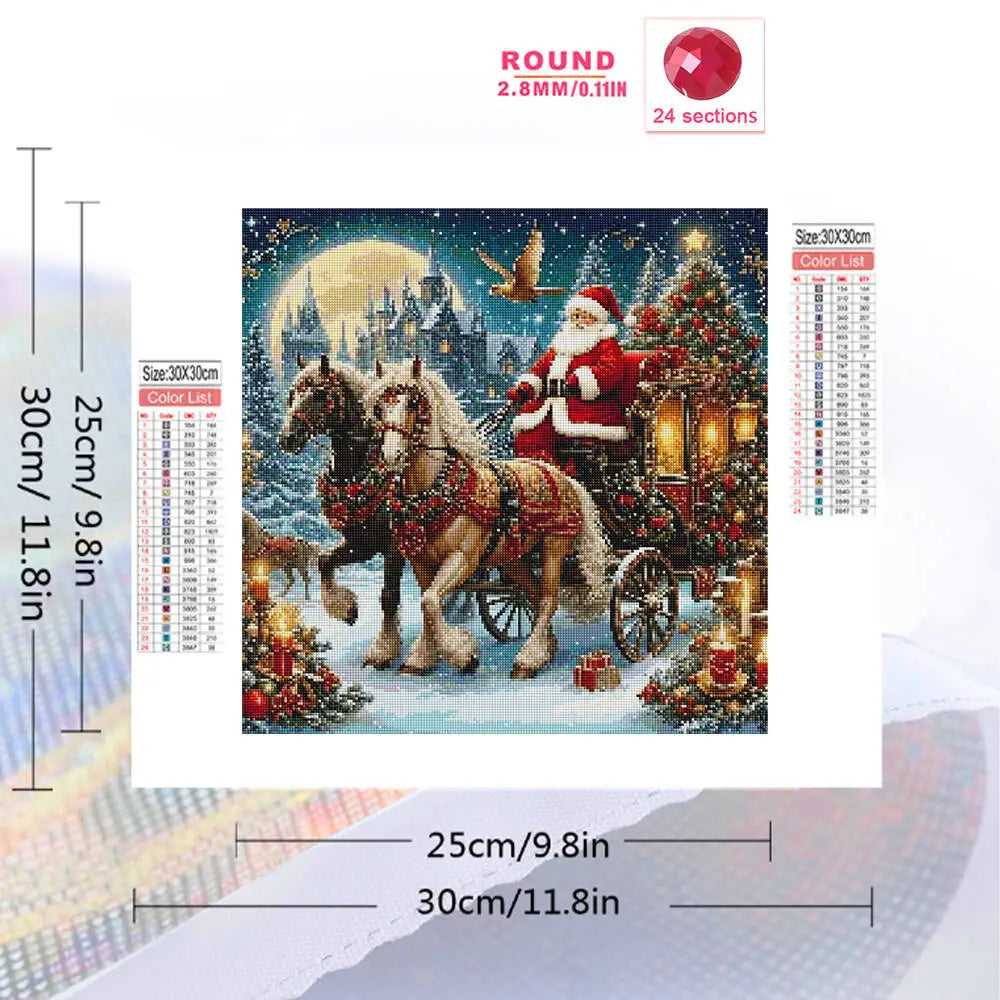 Diamond painting kit featuring Santa Claus riding a horse in a snowy winter forest scene