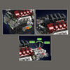 Close-up view of a detailed V8 engine building kit showing pistons and cylinder heads.