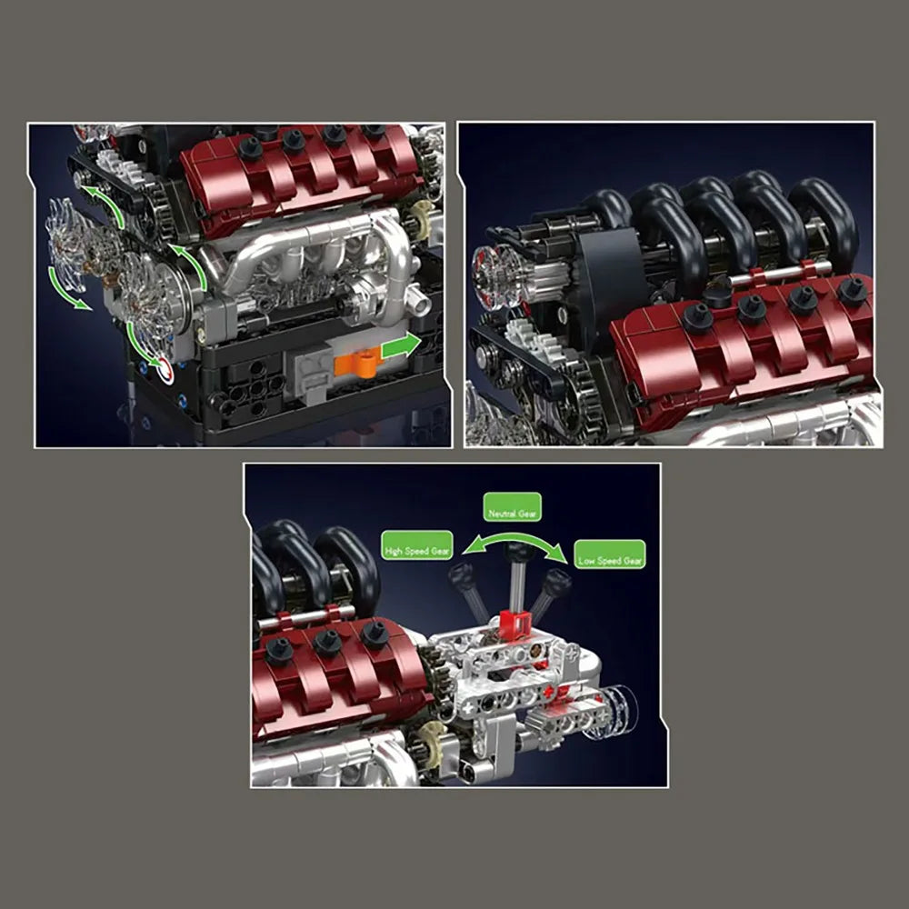 Close-up view of a detailed V8 engine building kit showing pistons and cylinder heads.