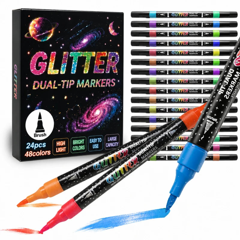 A set of glitter dual-tip markers with 48 colors and a brush included for art and crafting.