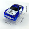 A blue and white police race car toy with clear headlights and a racing track detail.