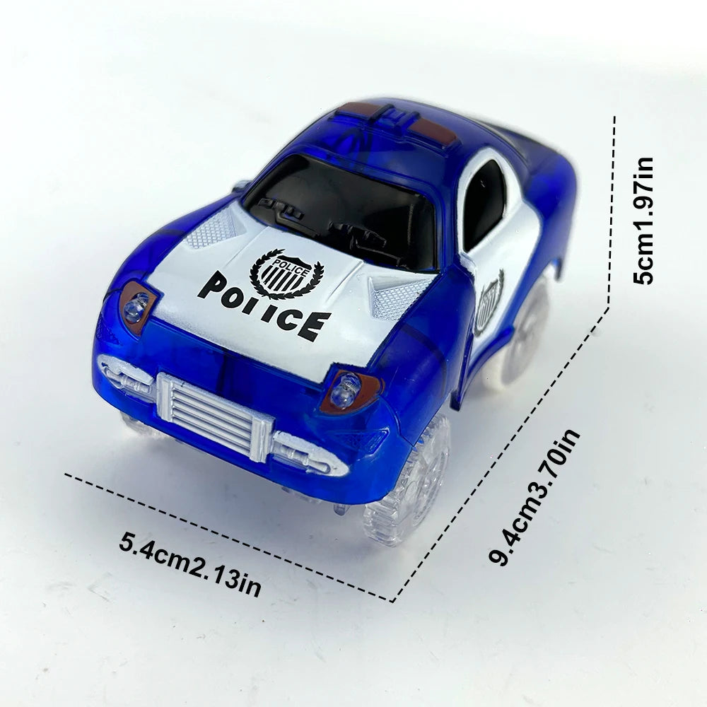 A blue and white police race car toy with clear headlights and a racing track detail.