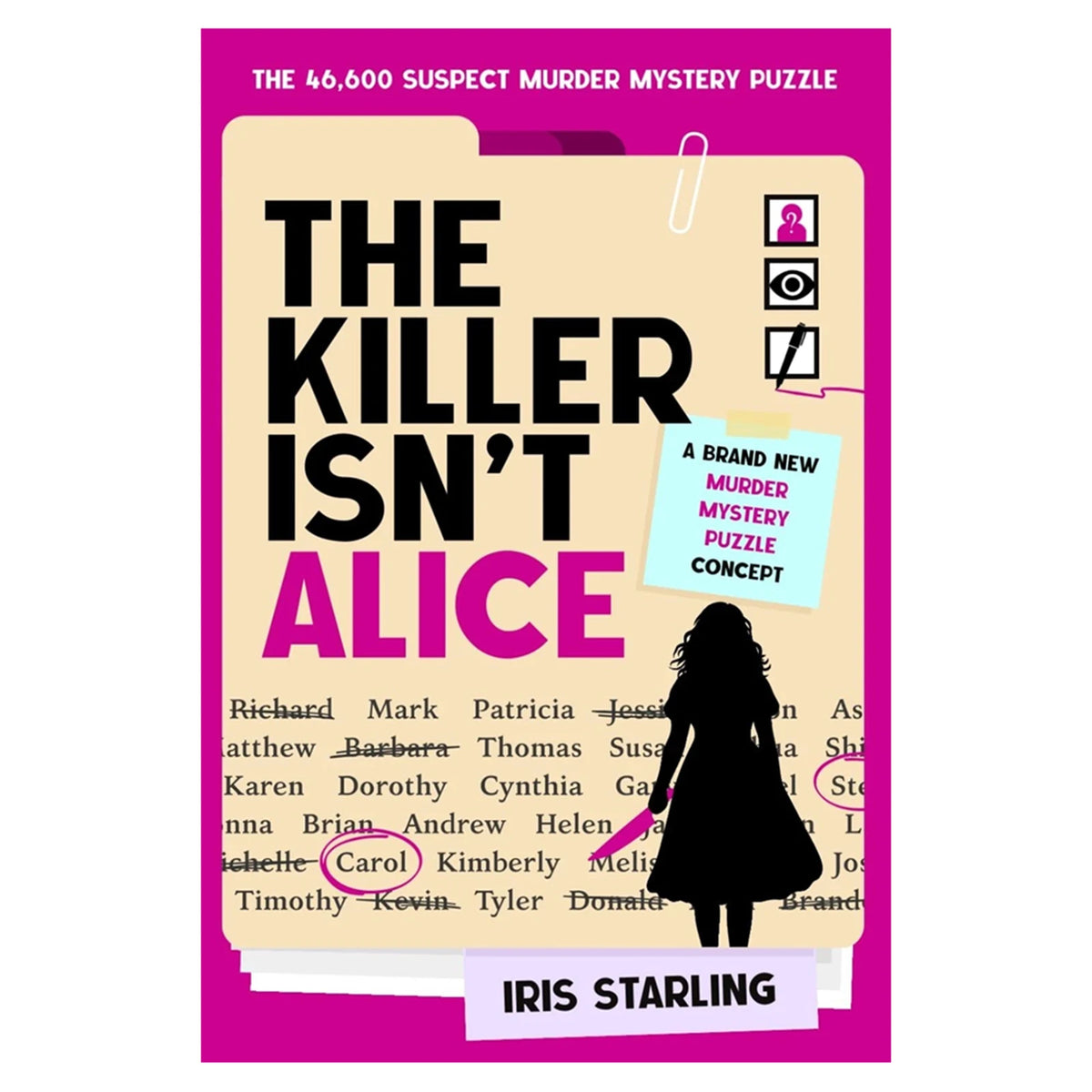Cover of The Killer Isn't Alice murder mystery puzzle book featuring a woman silhouette and text.
