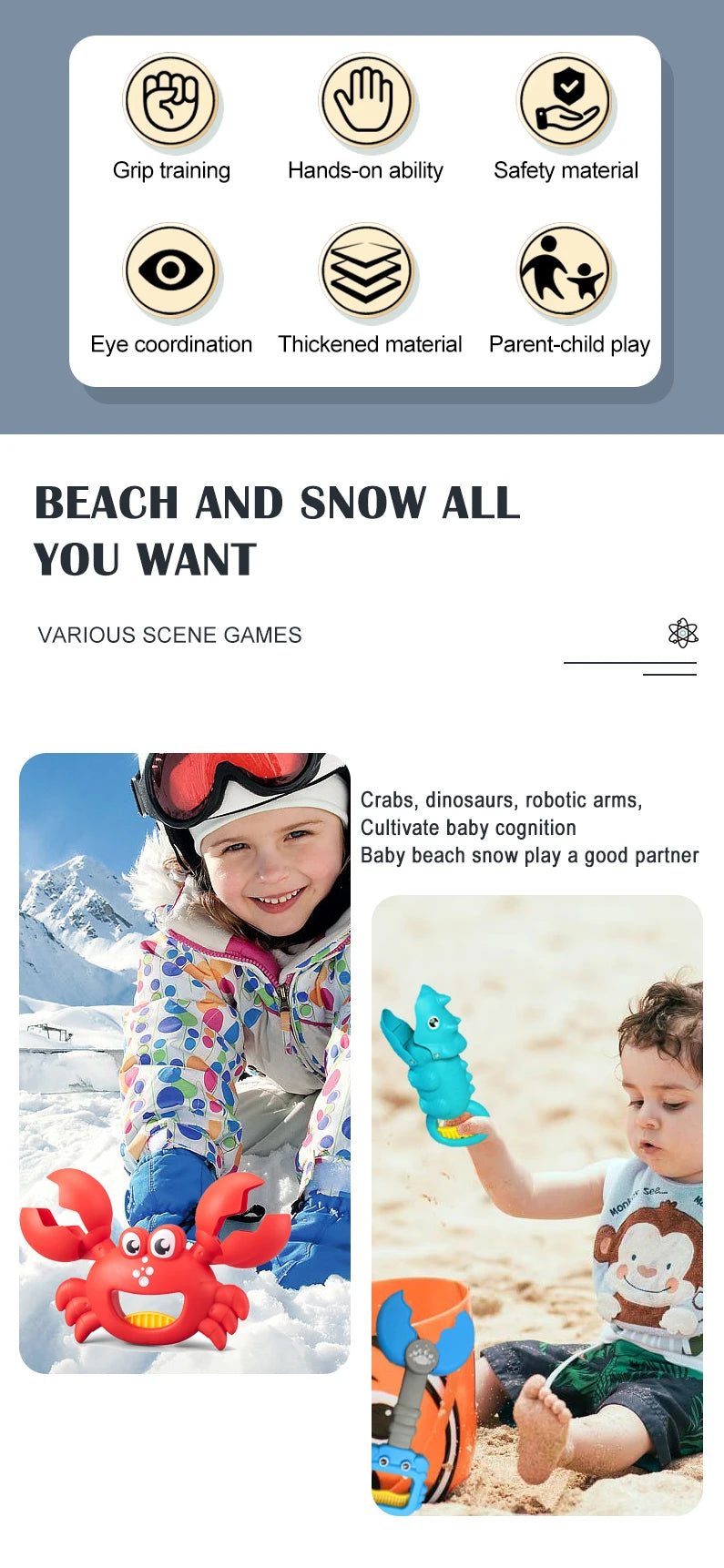 A child is playing with a red crab claw and dinosaur digging tools in the sand.