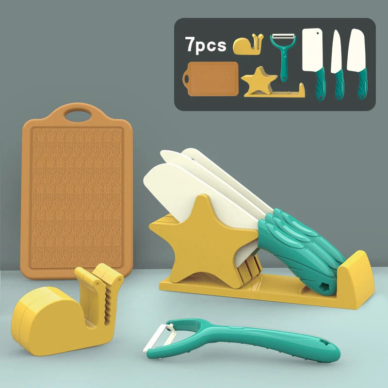 A set of kids pretend play kitchen tools including a wooden cutting board, various utensils, and cooking items.
