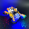 A transformable stunt car with orange and white components is shown on a dark blue surface with glowing light effects.