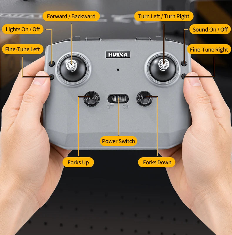 A hand holds an electronic control panel for an RC forklift truck, showing various controls like fine-tune buttons and power 