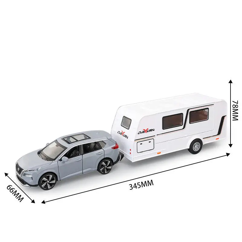 A white diecast metal RV camper truck model is shown in a side view with dimensions provided.