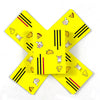 A yellow card game featuring illustrations of various food items and characters on a star-shaped card.