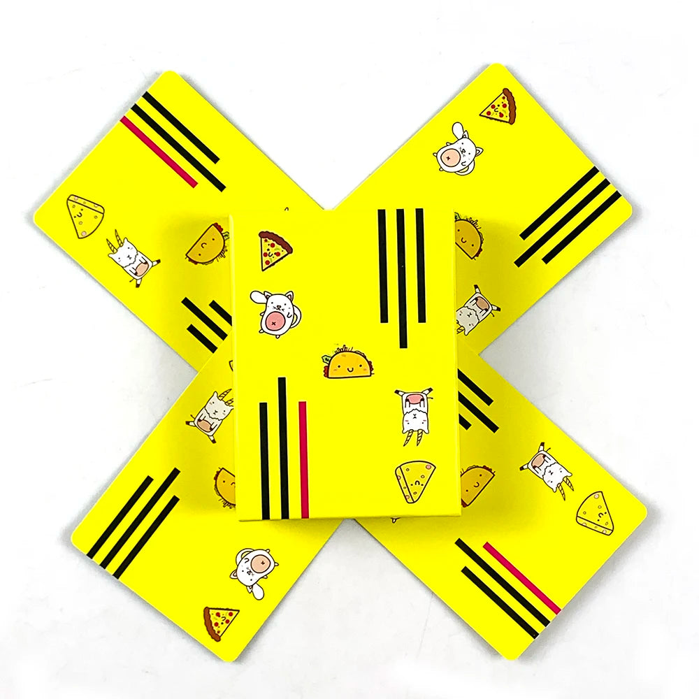 A yellow card game featuring illustrations of various food items and characters on a star-shaped card.