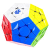 A colorful Megaminx speed cube with white, yellow, blue, and red magnetic pieces.