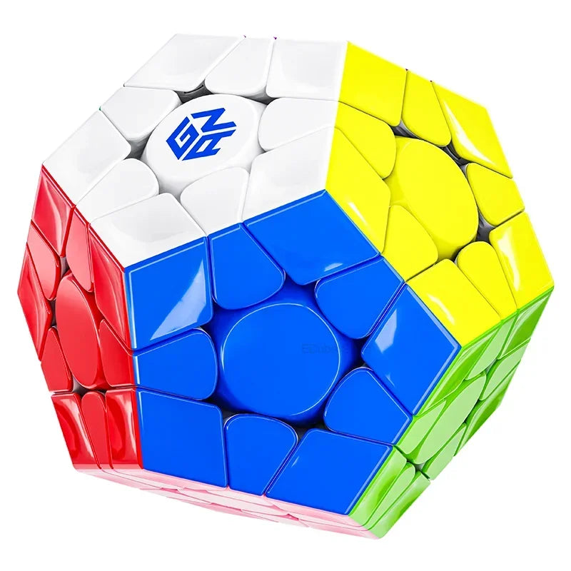 A colorful Megaminx speed cube with white, yellow, blue, and red magnetic pieces.