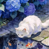 A white cat is looking down at its reflection in water amidst purple and blue flowers and rain.