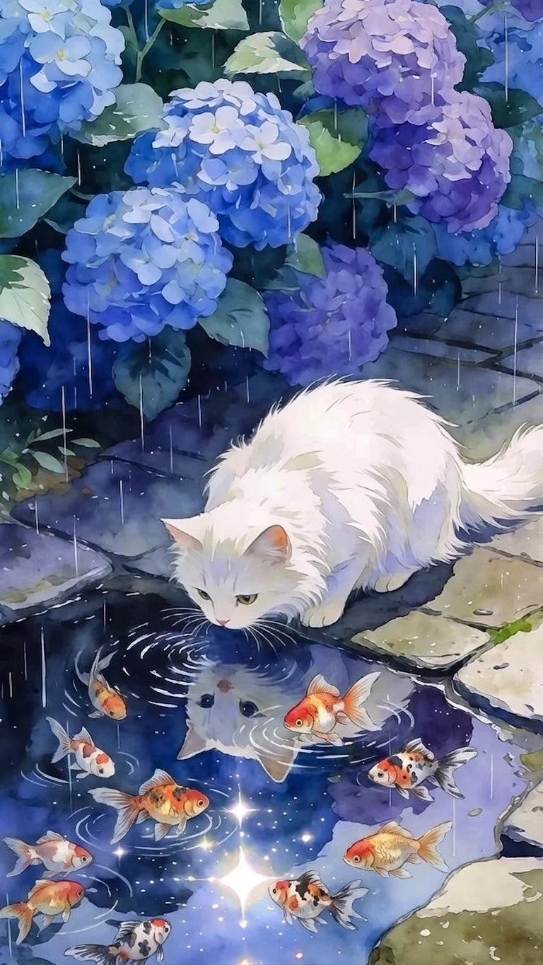 A white cat is looking down at its reflection in water amidst purple and blue flowers and rain.