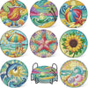 An 8-piece diamond painting coaster kit featuring colorful floral and nature designs with a metal holder.