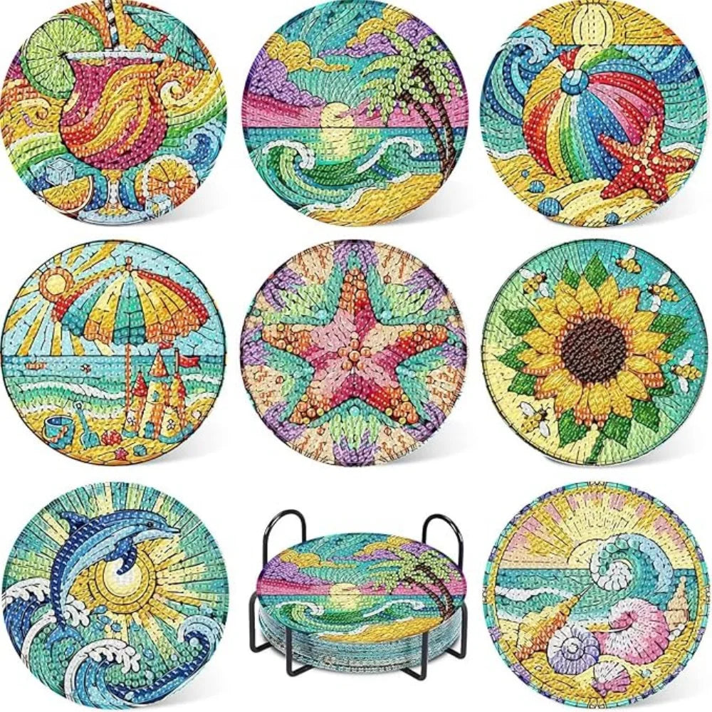 An 8-piece diamond painting coaster kit featuring colorful floral and nature designs with a metal holder.