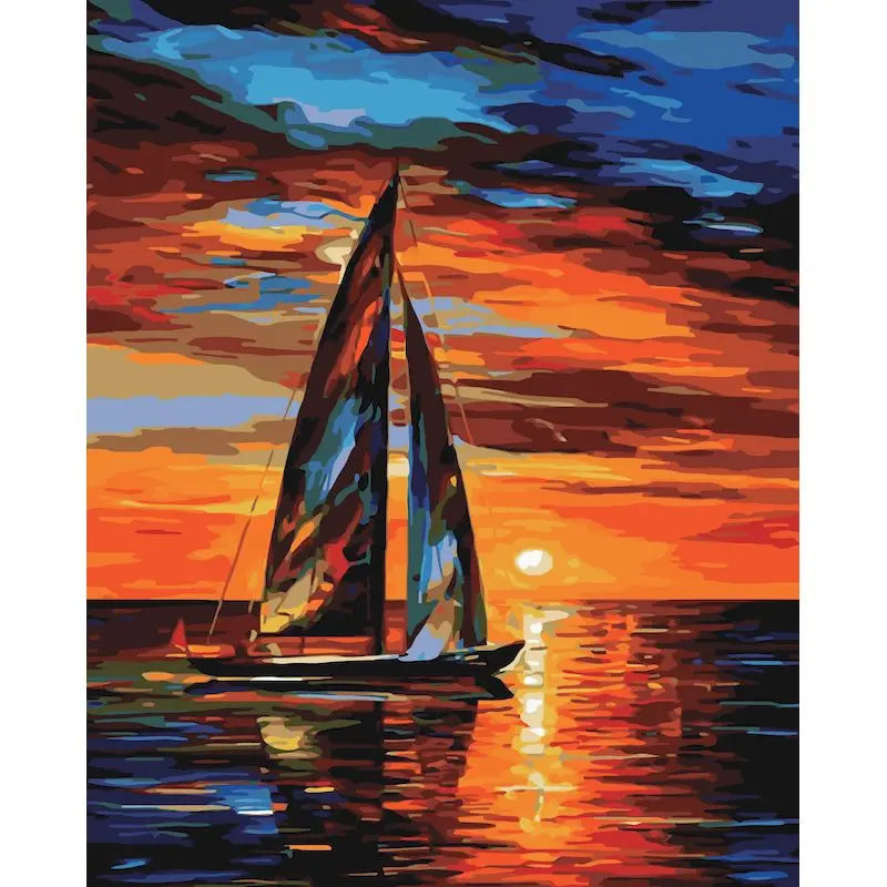 Oil painting style seascape of a sailboat silhouetted against a vibrant sunset sky reflecting on the water.