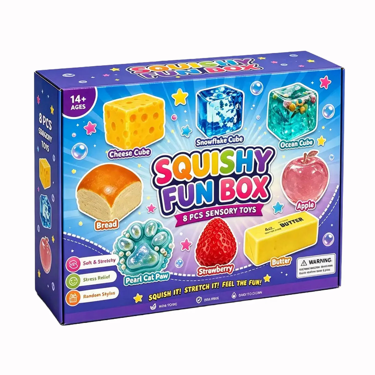A box of Squishy Fun Box containing 8 sensory toys including cheese cube, bread, strawberry, and butter.