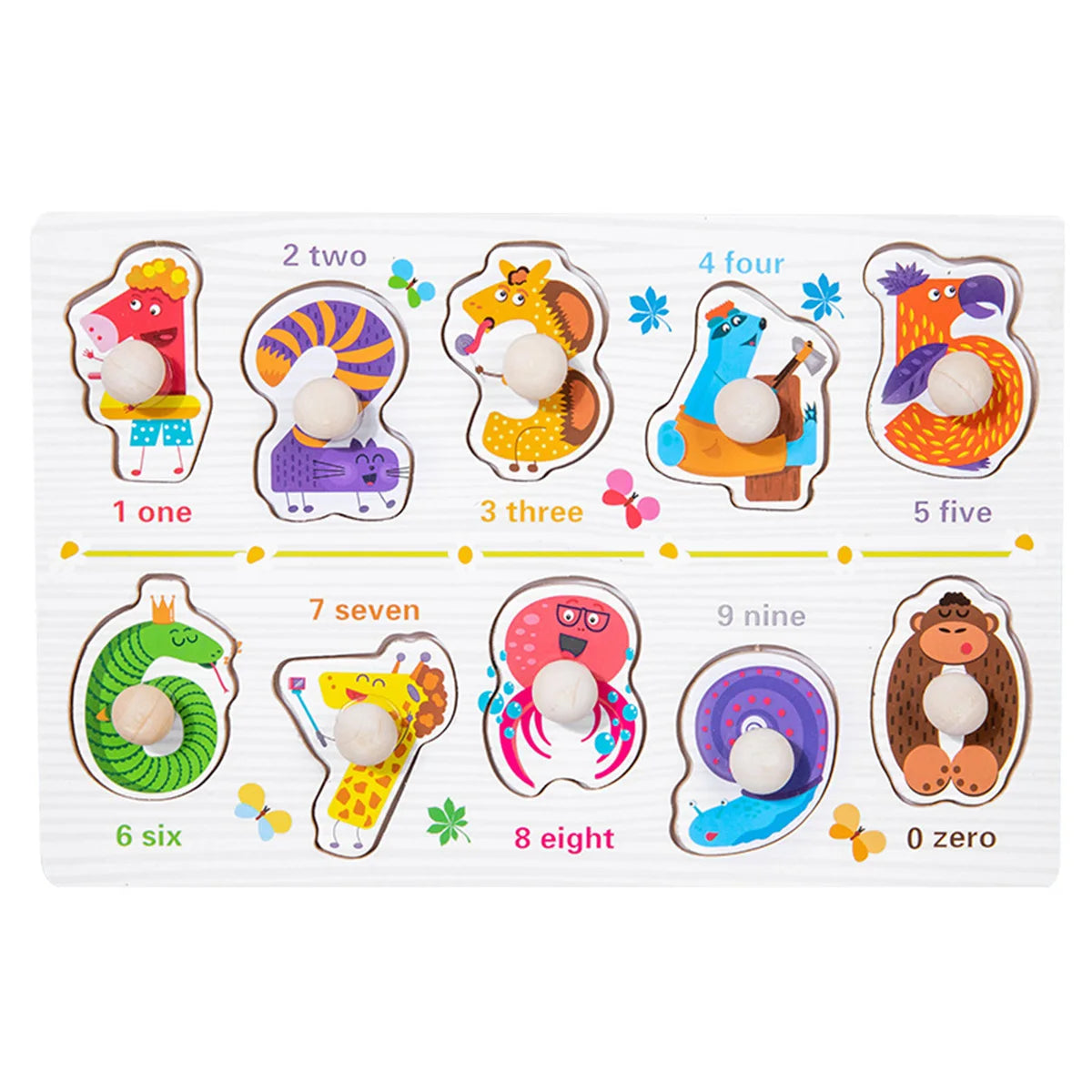 A wooden animal and shape jigsaw puzzle set with numbers 0 to 9 featuring various animals and shapes for toddlers.