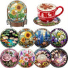 A set of floral diamond painting coasters featuring various colorful flowers and leaves with a metal holder.
