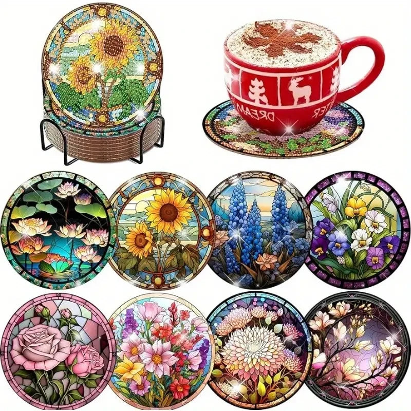 A set of floral diamond painting coasters featuring various colorful flowers and leaves with a metal holder.