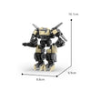 A detailed model of an exoskeleton combat robot built from black and tan building blocks.