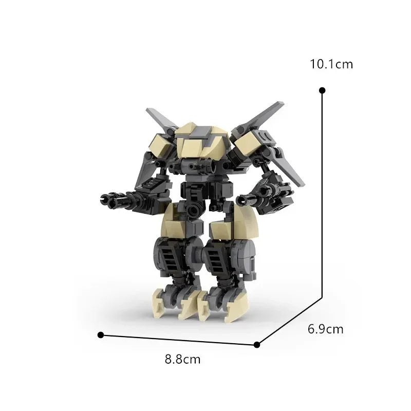 A detailed model of an exoskeleton combat robot built from black and tan building blocks.