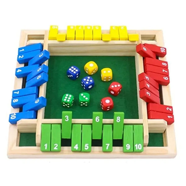 A wooden dice game board with numbered slots and dice, featuring red and blue dice.