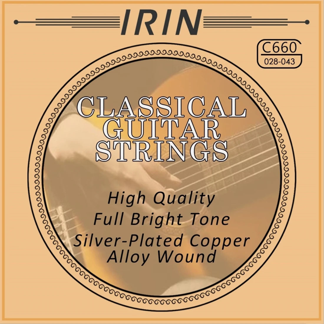 Product label for classical guitar strings featuring high quality full bright tone silver-plated copper alloy wound strings.