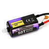 A black brushed motor with a purple casing and yellow caution label is shown connected to wires.