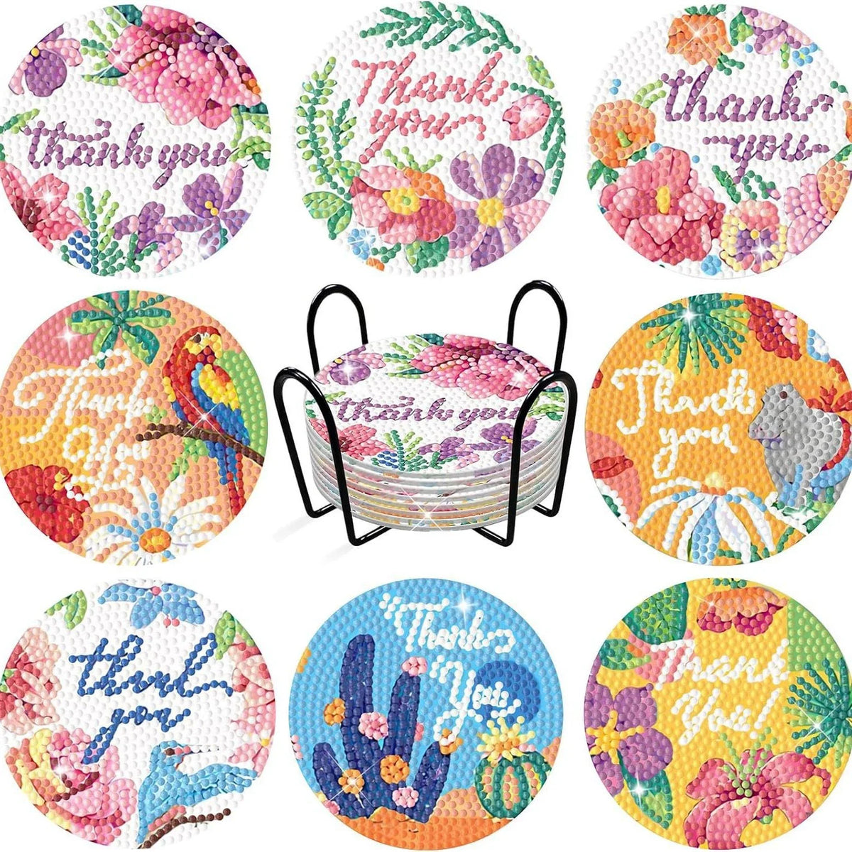 A set of floral diamond painting coasters featuring various flowers and leaves with a metal holder.
