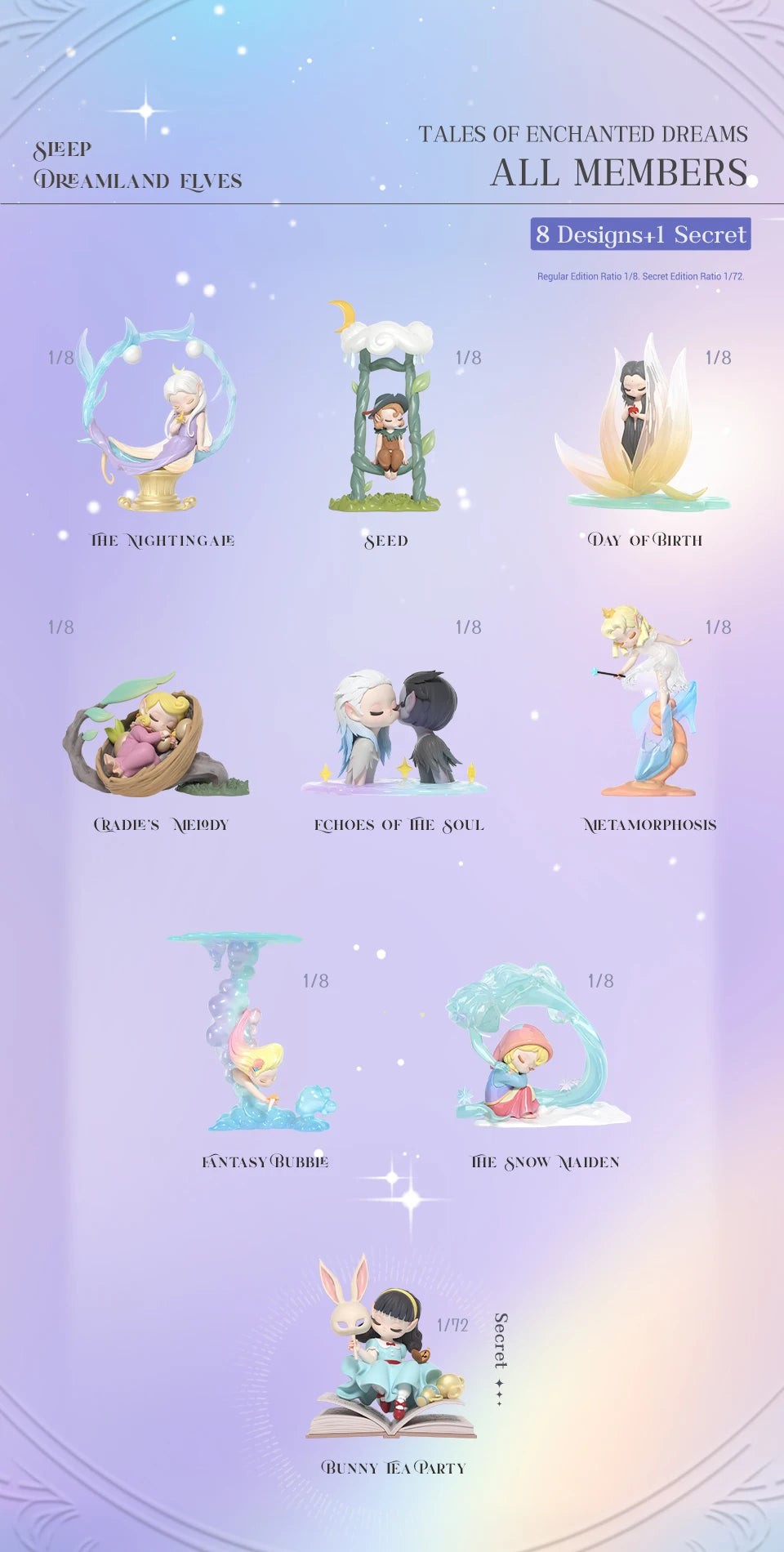 A collection of eight fantasy elf figures and one secret figure from the Tales of Enchanted Dreams set.