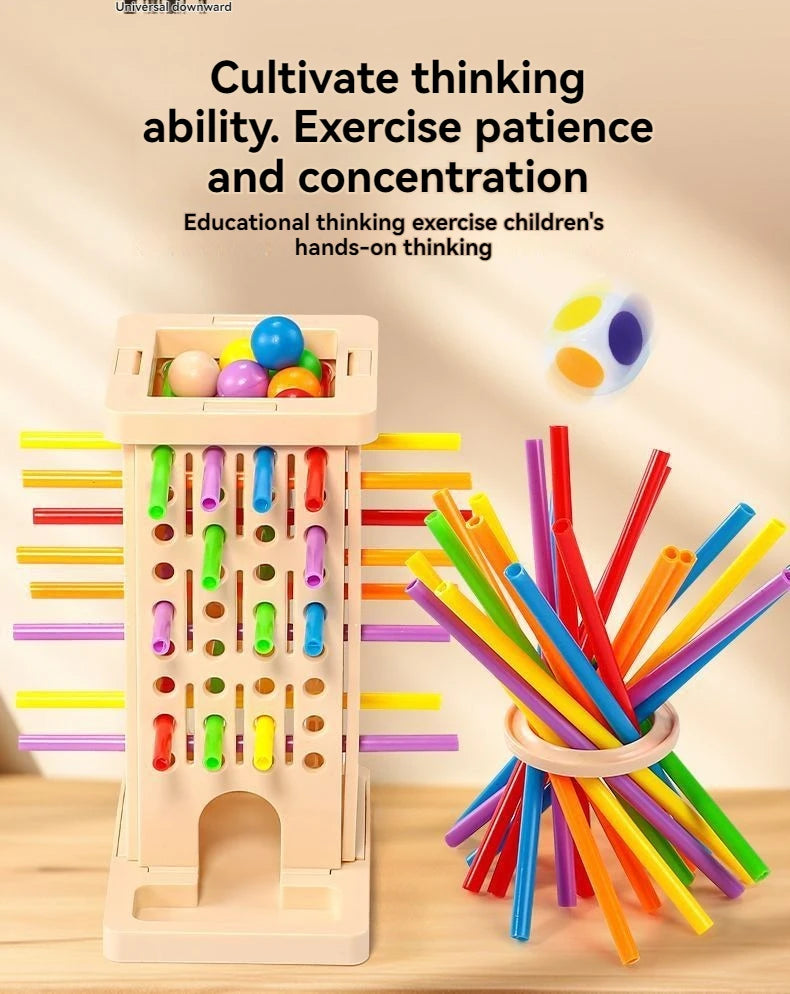 A wooden stacking tower game with colorful rods and balls used for children's thinking exercises.