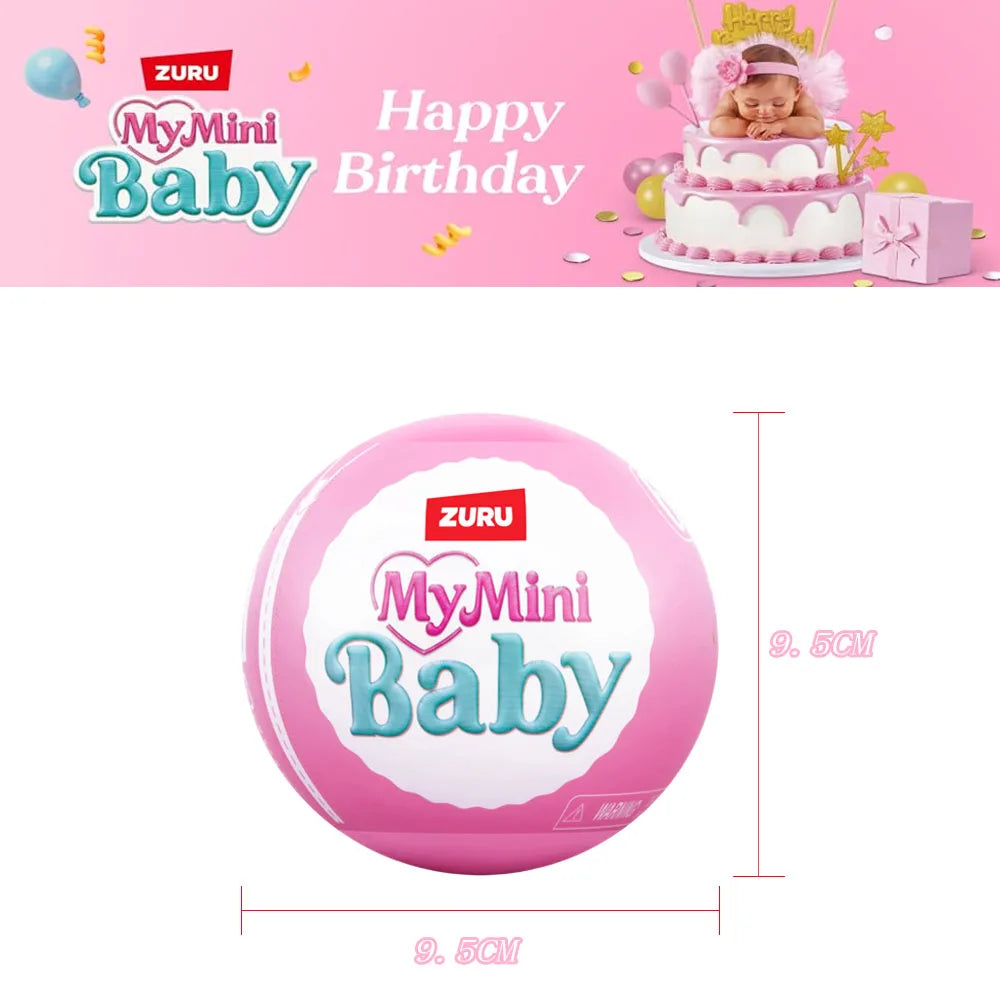 Pink MyMini Baby surprise capsule doll with a heart design and a 9.5cm size marker.