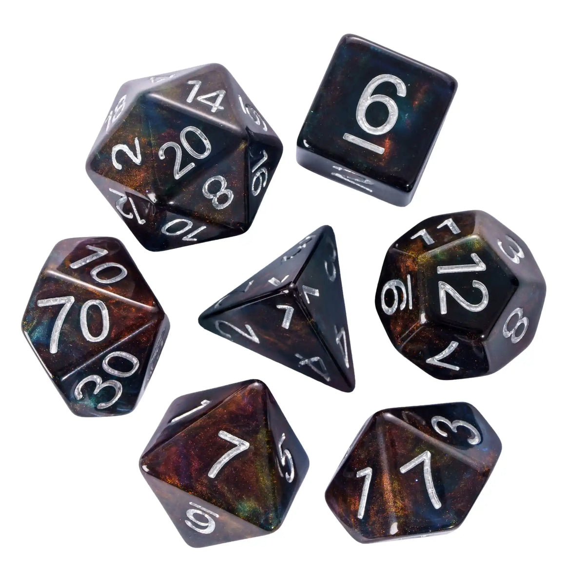 A set of premium glitter resin polyhedral dice including a d6, d8, d10, d12, and d20.