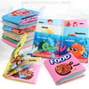 A stack of colorful cloth books featuring animals and food, including a pizza book.