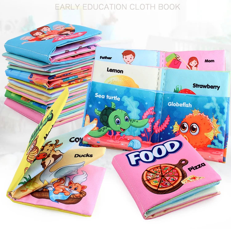 A stack of colorful cloth books featuring animals and food, including a pizza book.