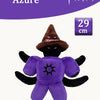 A purple plush toy resembling a rabbit with black ears and a brown witch hat.