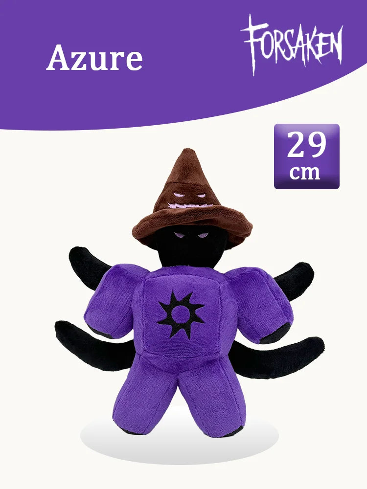 A purple plush toy resembling a rabbit with black ears and a brown witch hat.