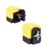 A yellow and black building block treasure chest set with a hinged lid.