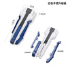 White handheld launcher set with blue components and measuring lines showing dimensions.