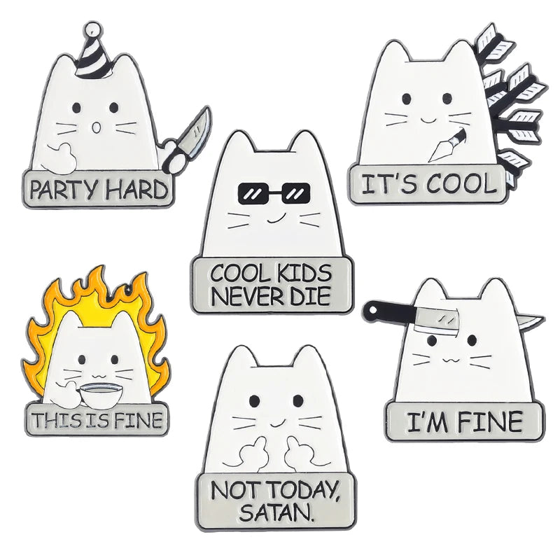 A set of four enamel pins featuring cats with various expressions and text such as Party Hard, It's Cool, This Is Fine, and I