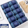 A box of YEDAN MERIN worsted wool thread yarn in blue and gray colors for knitting projects