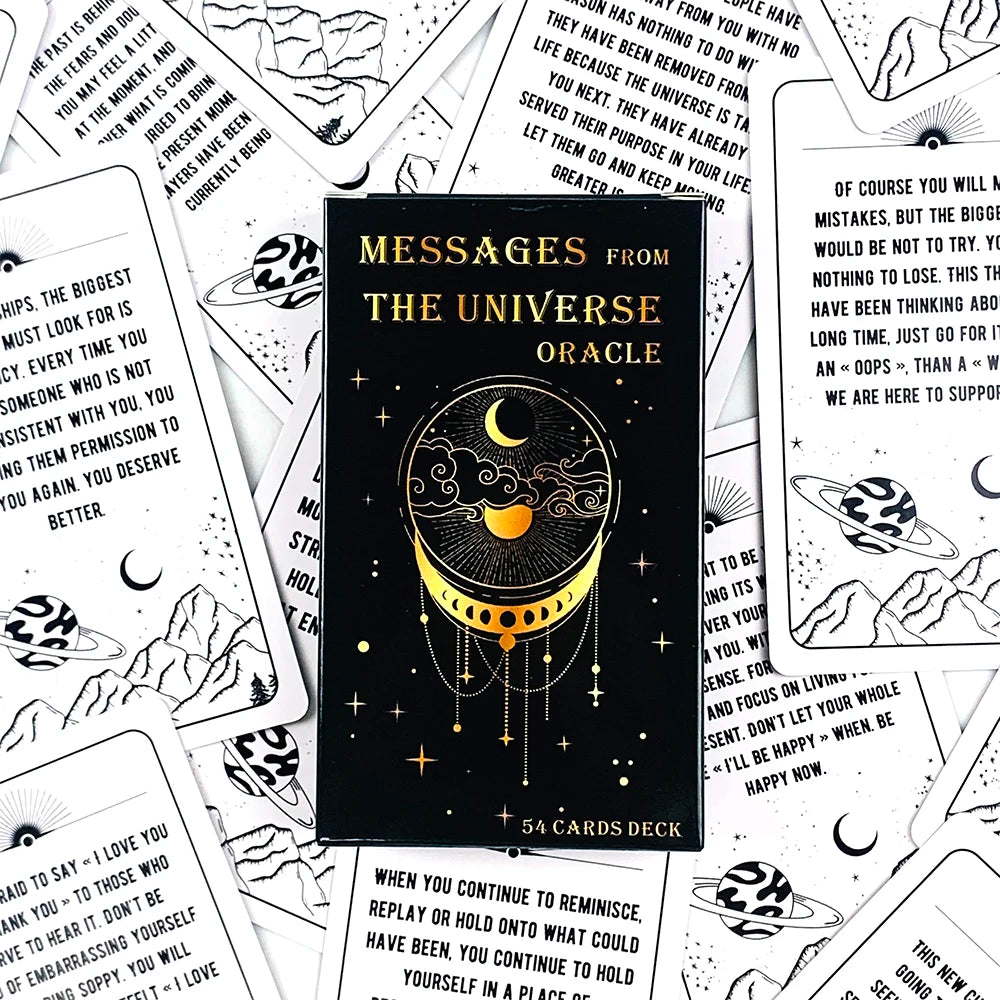 A collection of tarot or oracle cards featuring mystical symbols and celestial imagery.