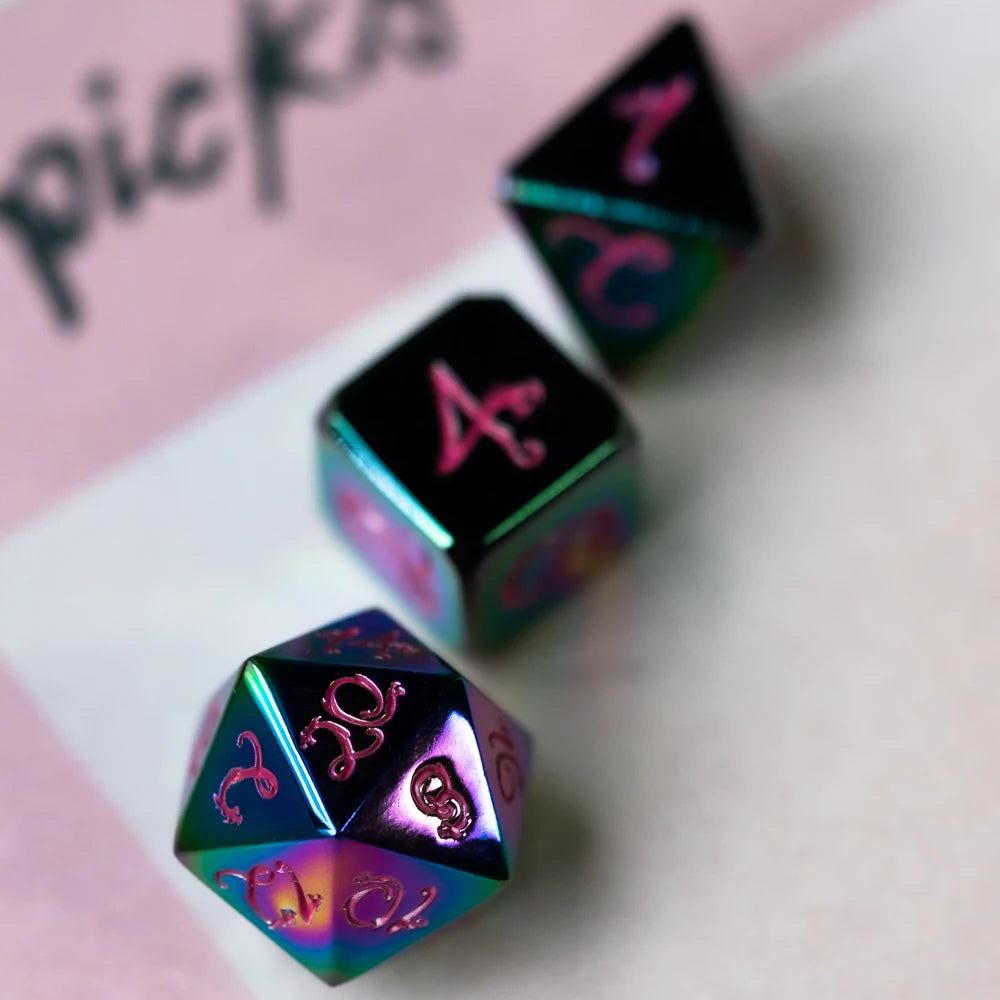 Premium Metal Polyhedral Dice Set with Dragon Font