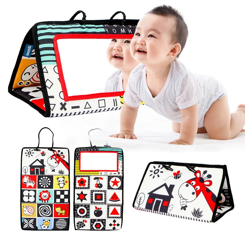 High-Contrast Tummy Time Baby Mirror with Crinkle Cloth Book and Teether