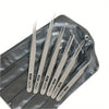 A set of six stainless steel precision tweezers with straight and bent tips displayed on a dark surface.