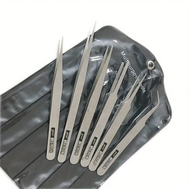 A set of six stainless steel precision tweezers with straight and bent tips displayed on a dark surface.